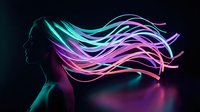 Silhouette of woman with flowing hair in vibrant neon colors pink purple and teal against dark background for modern digital art and creative projects.