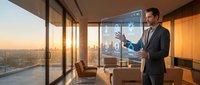 Businessman in formal suit presenting digital interface with car hologram in modern high-rise office at sunset, suitable for automotive technology, business innovation, and corporate presentations.