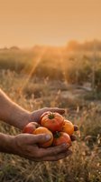 Farmer hands holding fresh ripe tomatoes at sunset in organic vegetable garden with golden light creating warm agricultural harvest scene.