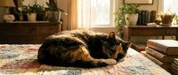 Cozy tabby cat sleeping peacefully on colorful rug in warm sunlit living room with plants and books creating homely atmosphere for pet lifestyle content.