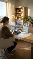 Young woman participating in video conference call from home office with digital technology icons floating around laptop screen in warm natural lighting.