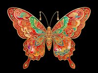 Ornate butterfly with intricate red, gold, and green patterns featuring Asian-inspired designs. Isolated on transparent background, ready for t-shirts, clipart, stickers, sublimation, and print-on-demand projects.