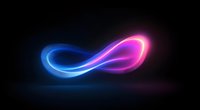 Glowing neon infinity symbol with blue and pink light trails against dark background creates dynamic motion effect, suitable for modern tech designs and branding.