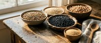 Assorted legumes and grains in wooden bowls on rustic table by window, including lentils, chickpeas, and beans for cooking and meal preparation.