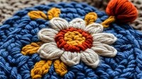 Handmade crochet flower motif with colorful yarn threads in blue, orange, yellow and cream colors on textured background for crafting projects.