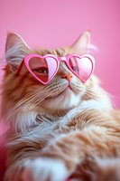 Adorable orange tabby cat wearing pink heart-shaped sunglasses on pastel pink background for Valentine's Day celebration and romantic pet concepts.
