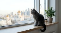 Gray tabby cat sitting on windowsill overlooking urban cityscape with skyscrapers and buildings, indoor pet lifestyle with houseplant in modern apartment.