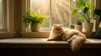 Fluffy orange tabby cat relaxing on sunny windowsill with green houseplants creating peaceful indoor garden atmosphere for home decor and pet lifestyle.