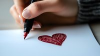 Female hand drawing red heart shape with pen on white paper, romantic gesture captured in soft natural lighting, expressing love through simple artistic creation.