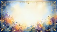 Ornate golden frame with colorful fireworks and floral flourishes on blue and cream background, ideal for festive invitations, greeting cards, and celebratory event designs.