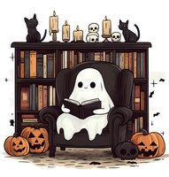 Cute ghost reading book in armchair with black cats, skulls, candles and jack o lanterns against bookshelf background in kawaii Halloween style illustration.