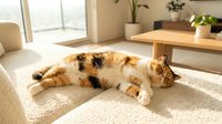 Adorable calico cat relaxing on sunny carpet in modern living room with natural light streaming through windows creating cozy domestic atmosphere.
