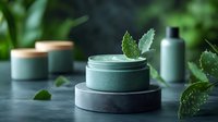 Minimalist cosmetic cream jar with fresh mint leaves on dark stone background, natural skincare concept for beauty and wellness industry.