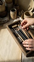 Potter's hands selecting ceramic sculpting tools from wooden box in traditional pottery workshop with clay vessels and artistic supplies.