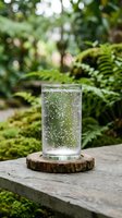 Glass of sparkling water with bubbles on wooden coaster in lush green forest setting with ferns and moss for natural wellness and hydration concepts.