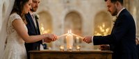 Bride and groom lighting unity candle during wedding ceremony with officiant in elegant church setting with warm candlelight and stone architecture.