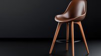 Modern brown leather bar stool with wooden legs on dark background, contemporary furniture design for home, restaurant or cafe interior.