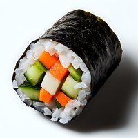 Fresh sushi roll with cucumber, carrot and surimi wrapped in nori seaweed and white rice, close-up view on white background for menu or food delivery service.