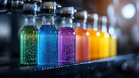 Colorful glass bottles with condensation drops lined up in rainbow order, filled with vibrant beverages against dark background with bokeh lights. Macro photography.
