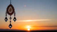 Dreamcatcher silhouette against vibrant sunset sky with warm orange and pink hues creating peaceful spiritual atmosphere for meditation and relaxation.