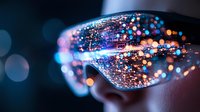 Futuristic protective eyewear with glowing blue and orange light reflections creating bokeh effect against dark background, showcasing advanced technology concept.