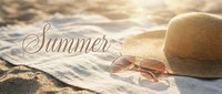 Sunny beach scene with straw hat and sunglasses on a white towel, golden sand, warm light, and Summer text for seasonal banners.