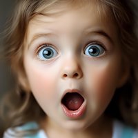 Young child with surprised expression, wide open blue eyes and mouth showing genuine amazement and wonder. Close up portrait with soft focus background.