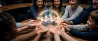 Diverse group of young adults holding glowing Earth globe together with hands in circle, symbolizing global unity, teamwork and environmental protection.