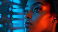 Young African American woman illuminated by vibrant neon blue and red lights against digital display background, creating dramatic cyberpunk atmosphere for modern tech concepts.