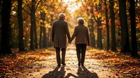 Senior couple walking hand in hand through autumn park with golden sunlight filtering through colorful fall foliage creating romantic atmosphere.