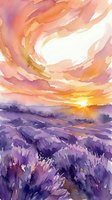 Watercolor painting of lavender field at sunset with dramatic swirling clouds in warm orange and pink tones over purple landscape for wall art and decor.