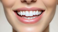 Close up of bright white healthy smile with pink glossy lips showing perfect dental care and cosmetic dentistry results on light background.