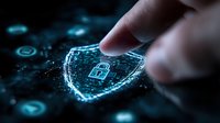 Digital security shield with glowing padlock icon on dark background, finger touching virtual protection interface. Modern cybersecurity and data protection concept.