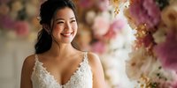 Happy Asian bride in white lace wedding dress smiling with elegant floral backdrop for bridal portrait photography and wedding celebration memories.