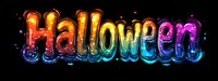 Colorful glowing Halloween text with gradient rainbow effect and sparkles on black background, creating festive holiday lettering design.