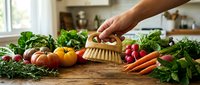 Hand holding wooden brush cleaning fresh organic vegetables on kitchen counter with colorful produce including carrots radishes leafy greens for healthy cooking.