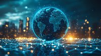 Digital hologram of glowing blue Earth map floating above reflective surface with bokeh lights and city silhouette in background, futuristic global network concept.