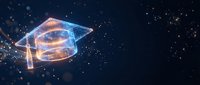 Futuristic graduation cap with glowing brain hologram floating in space with golden particles and stars representing education technology and learning.