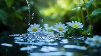Fresh white daisies with water drops splashing on reflective surface against green bokeh background, creating serene natural atmosphere for wellness concepts.