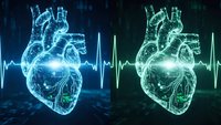 Digital holographic human hearts with ECG pulse waves in blue and green neon light for medical technology healthcare cardiology concept presentations.