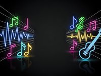 Neon music notes and guitar with heartbeat rhythm on black background for entertainment and audio production designs.