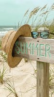 Rustic wooden sign reading Summer on a sandy beach, with a straw hat and sunglasses, sea oats and ocean waves in the background.