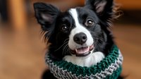 Border Collie dog with black and white fur wearing green and gray knitted scarf, smiling at camera with warm expression against blurred indoor background.