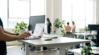 Modern office workspace with laptop computer and plants creating productive business environment for remote work and collaboration.