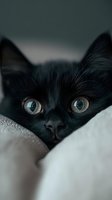 Close-up portrait of black cat with bright blue eyes peeking over soft white blanket. Mysterious and enchanting feline expression captured in moody lighting.