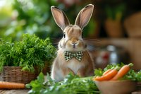 Adorable brown rabbit wearing green checkered bow tie sits among fresh garden vegetables and herbs, with carrots and parsley in rustic setting for spring decor.