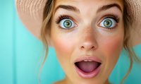 Young Caucasian woman with bright green eyes, freckles and surprised expression wearing summer hat against turquoise background, showing joyful amazement.