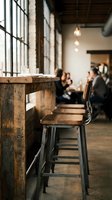 Industrial bar stools with wooden seats at rustic counter in modern loft space with exposed brick, metal windows, and pendant lighting for hospitality design.