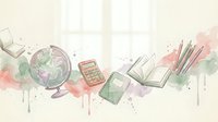 Watercolor education concept with globe, calculator, books and art supplies on abstract colorful background for academic and learning projects.