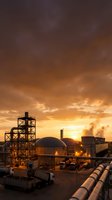 Industrial plant with storage tanks and pipelines at dramatic sunset with golden orange sky and storm clouds for energy sector presentations.